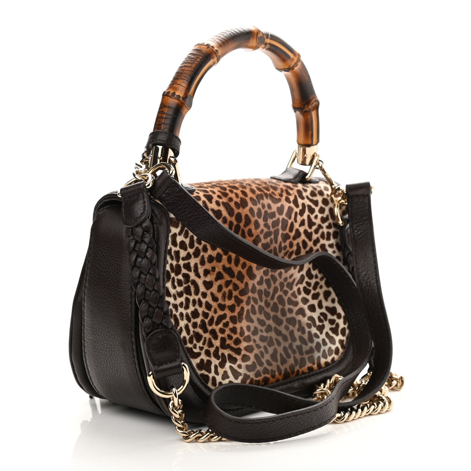 Gucci Calf Hair Jaguar Print Medium New Bamboo Top Handle Bag Brpwn 3 of 9