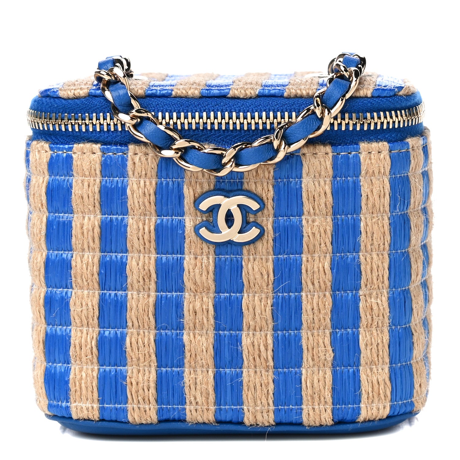 Chanel Raffia Jute Striped Mini Vanity Case With Chain Blue Beige 1 of 11