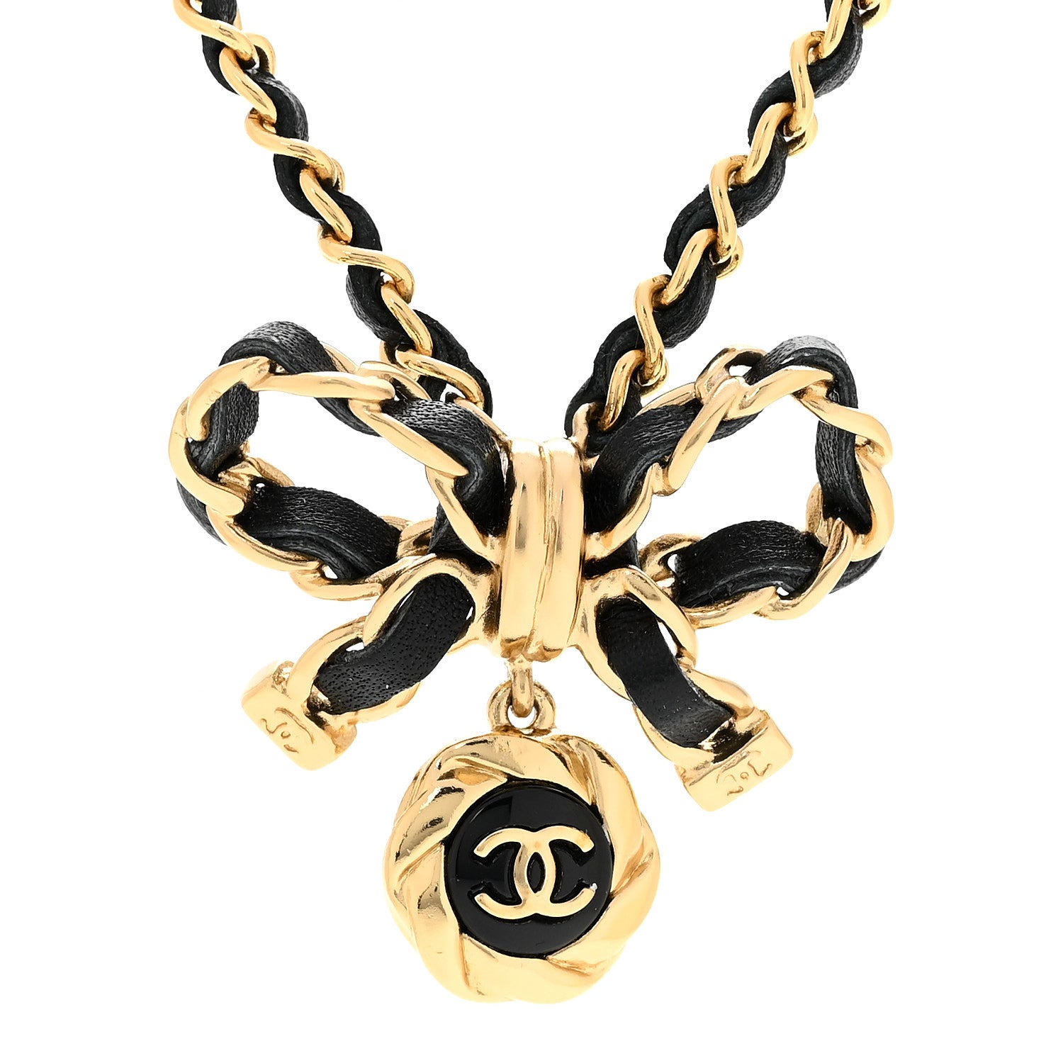 Chanel Metal Lambskin Chain CC Bow Necklace Black Gold 4 of 7