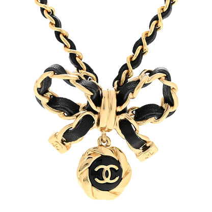 Chanel Metal Lambskin Chain CC Bow Necklace Black Gold 4 of 7