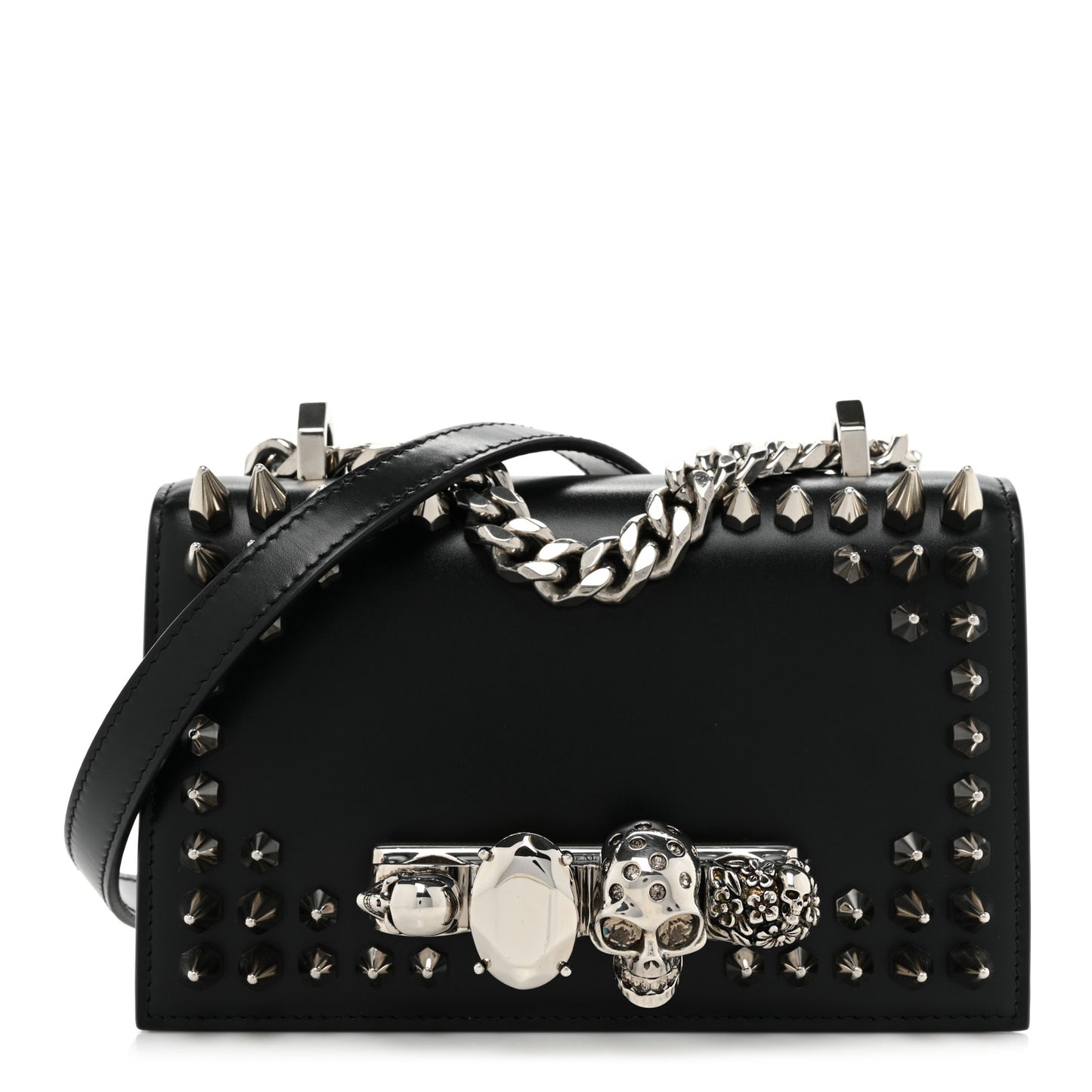 Calfskin Studded Knuckle Satchel Black Silver
