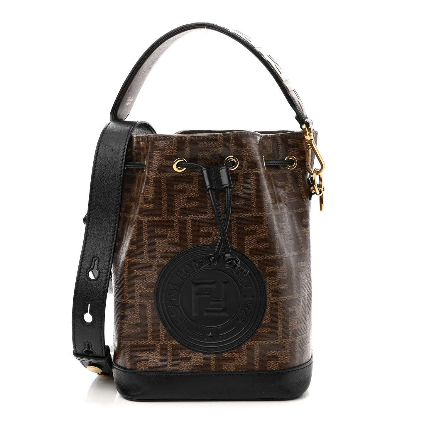Glazed Fabric Vitello Grace F is Fendi FF 1974 Stamp Patch Grande Mon Tresor Bucket Bag Mogano Panna Black