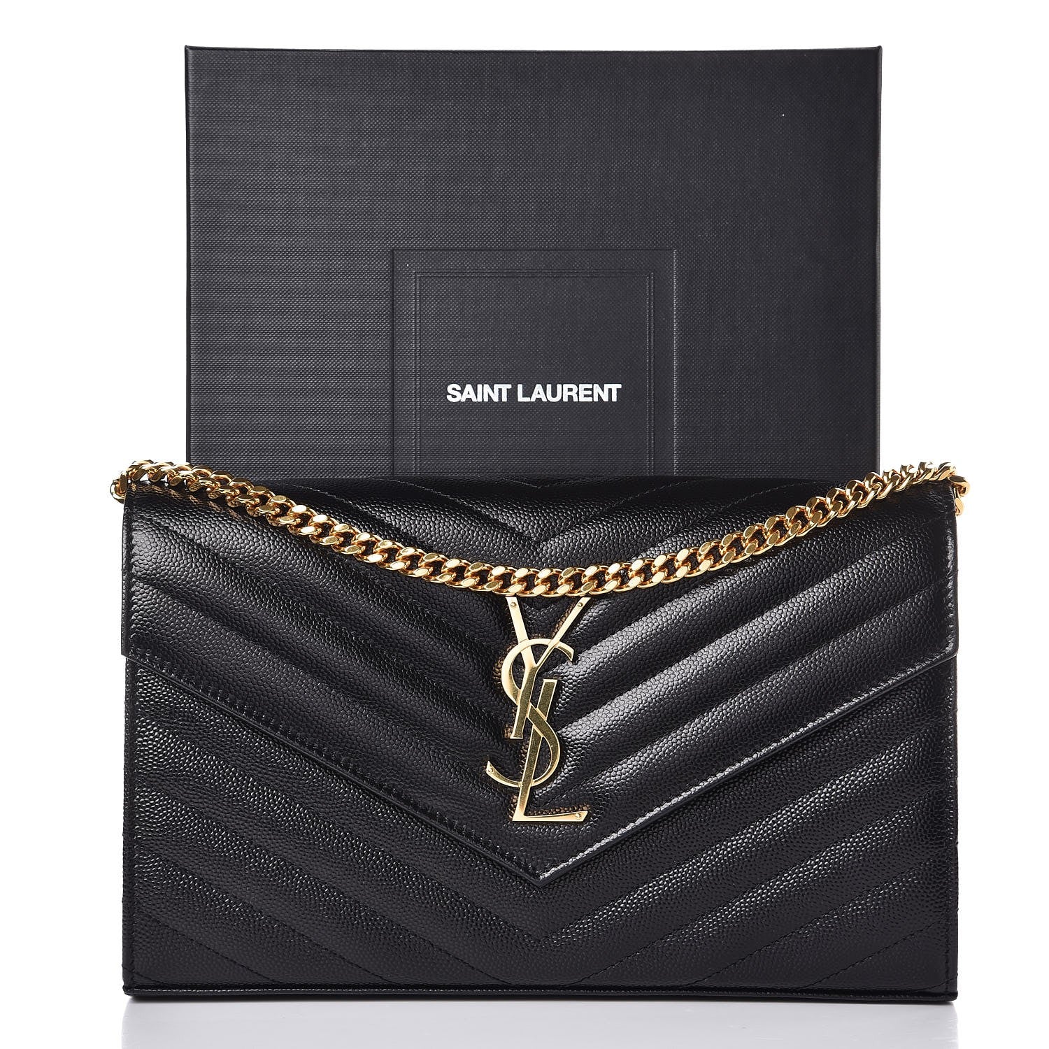 Saint Laurent Grain De Poudre Matelasse Chevron Monogram Chain Wallet Black 7 of 7