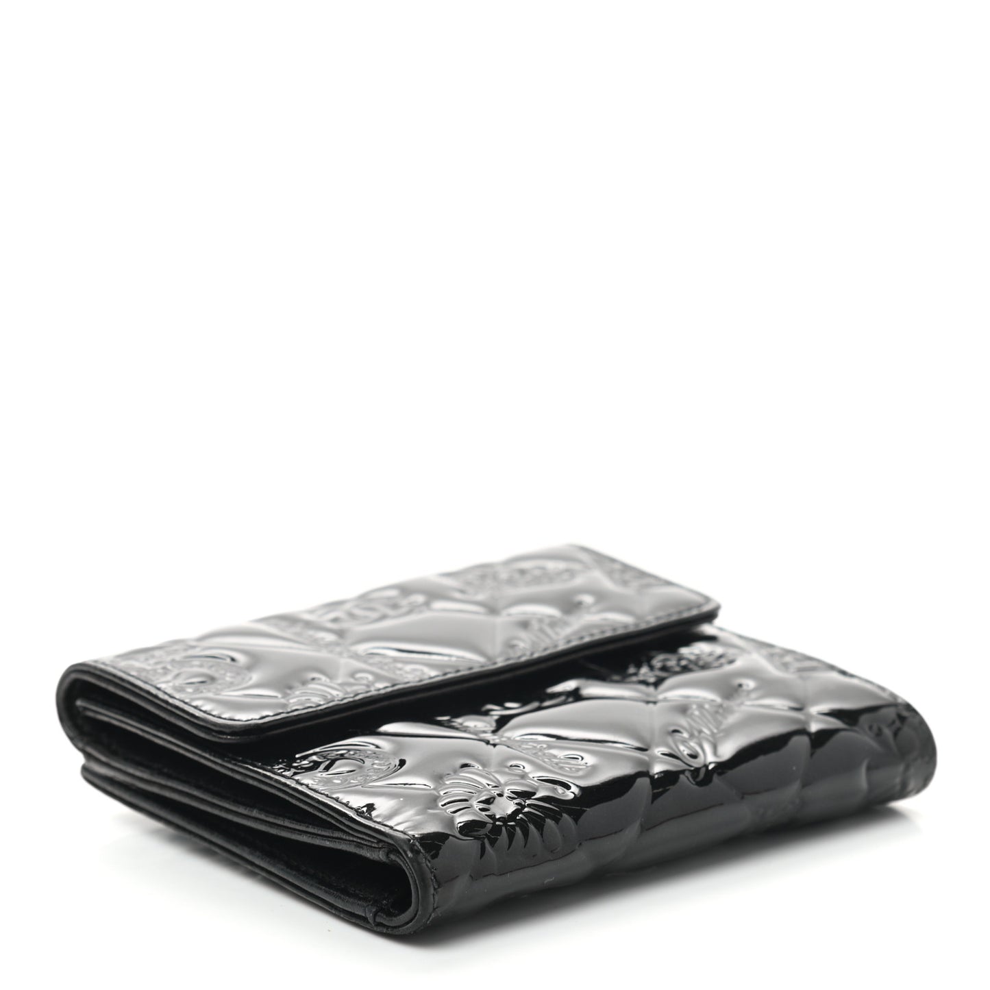 Patent Calfskin Lucky Symbols Compact French Flap Wallet Black