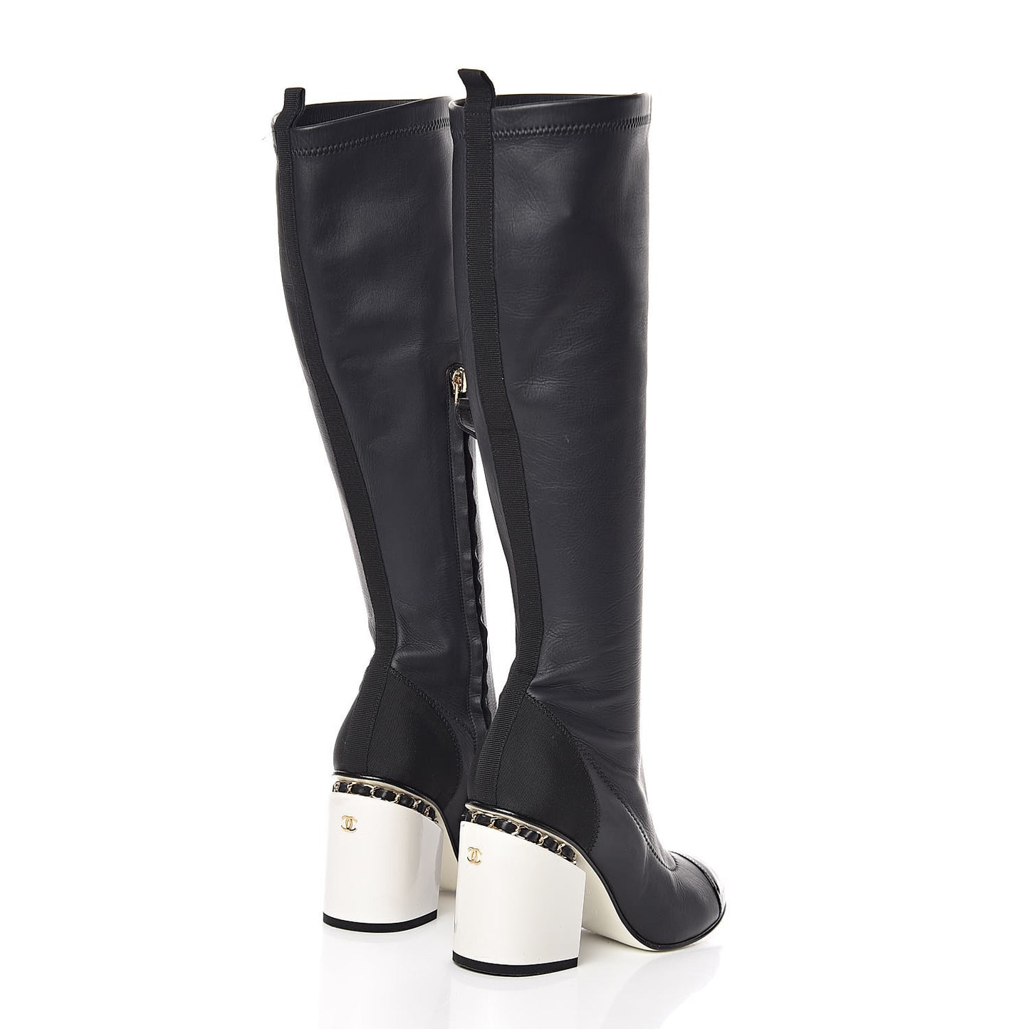 Calfskin Patent Grosgrain Chain Cap Toe High Boots 35 Black White