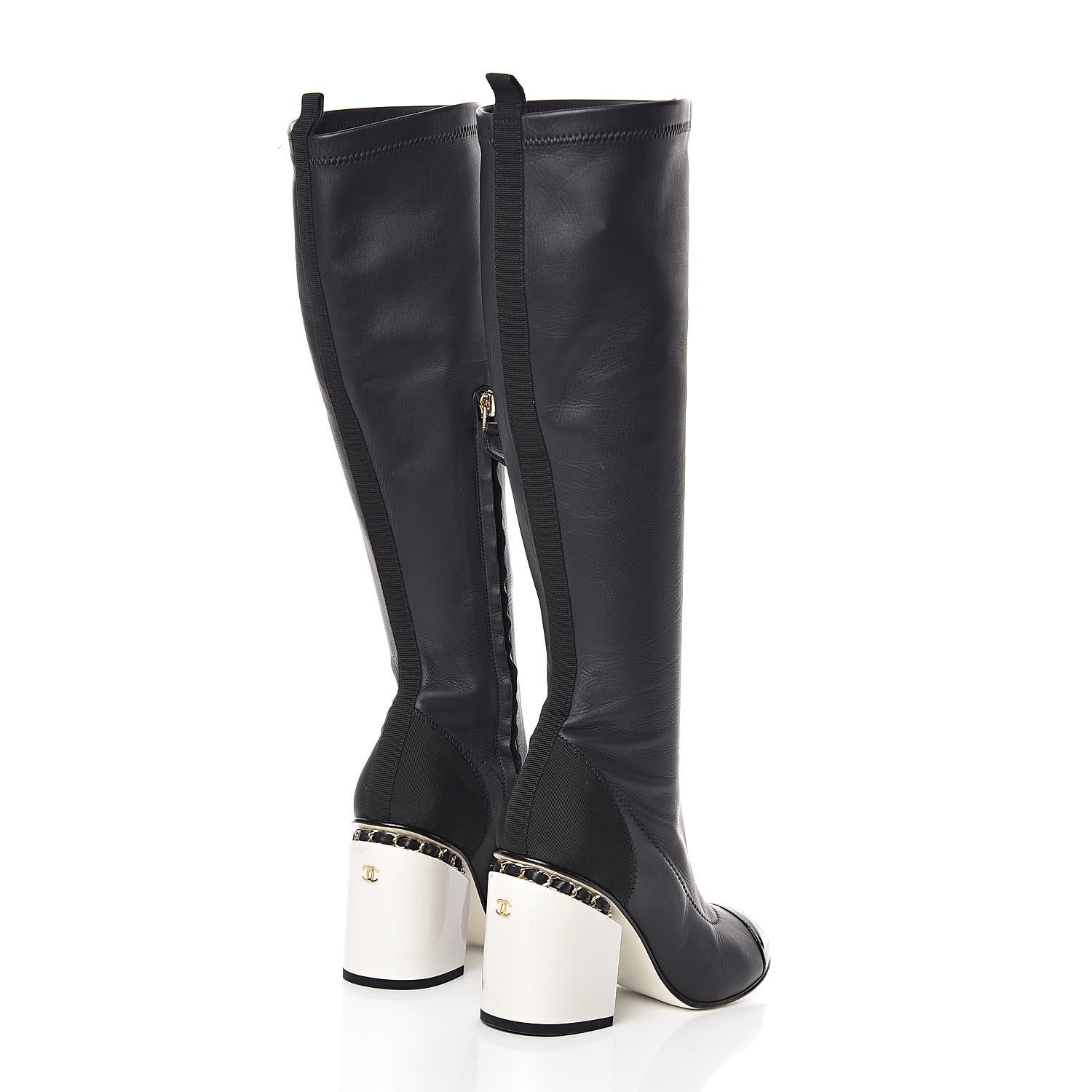 Chanel Calfskin Patent Grosgrain Chain Cap Toe High Boots 35 Black White 4 of 13