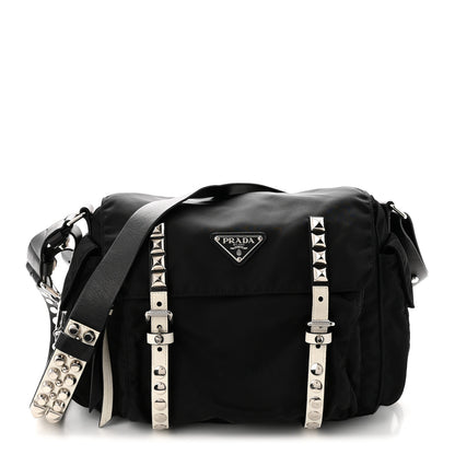 Prada Nylon New Vela Studded Messenger Black White 1 of 10