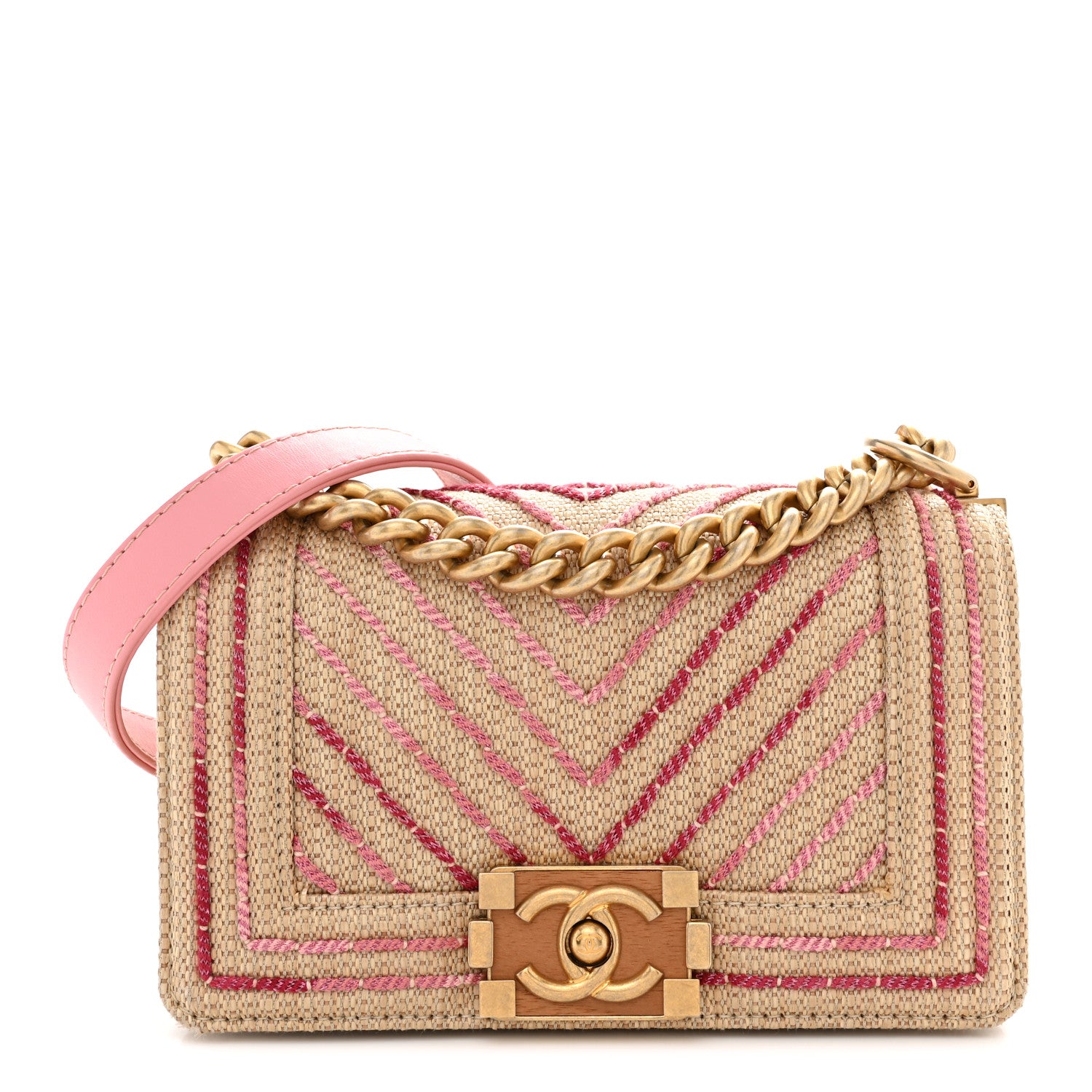 Chanel Raffia Chevron Quilted Small Boy Flap Beige Pink 1 of 12
