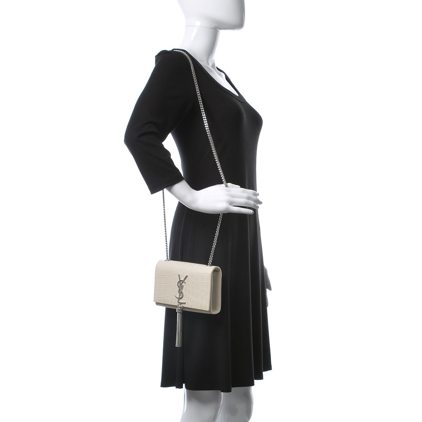 Calfskin Crocodile Embossed Small Kate Tassel Satchel Dove White