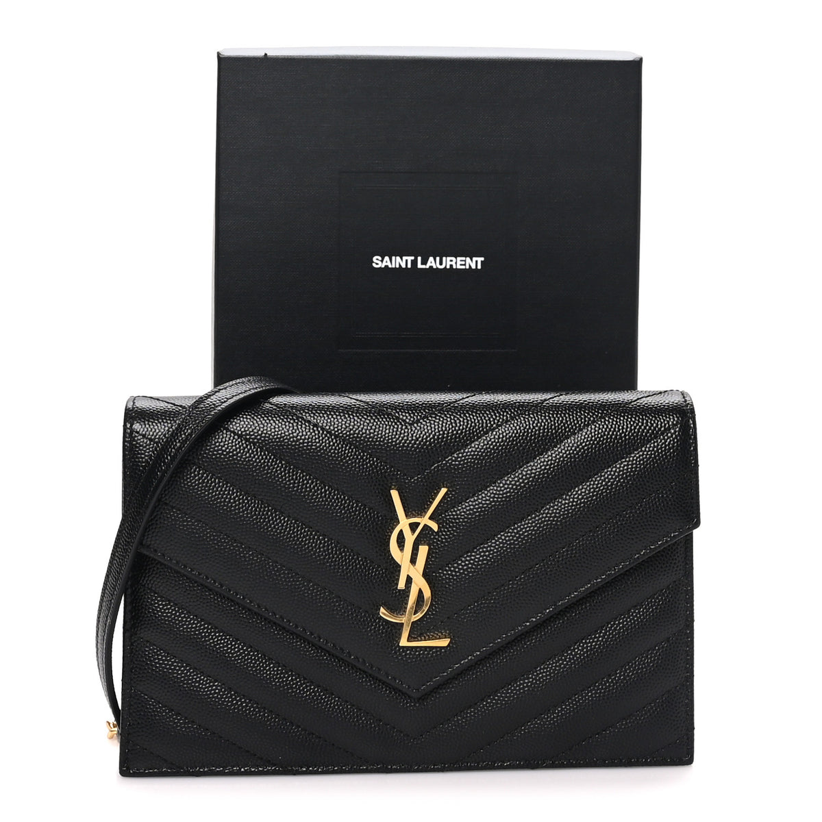 Saint Laurent Grain De Poudre Matelasse Chevron Monogram Envelope Chain Wallet Black 10 of 10