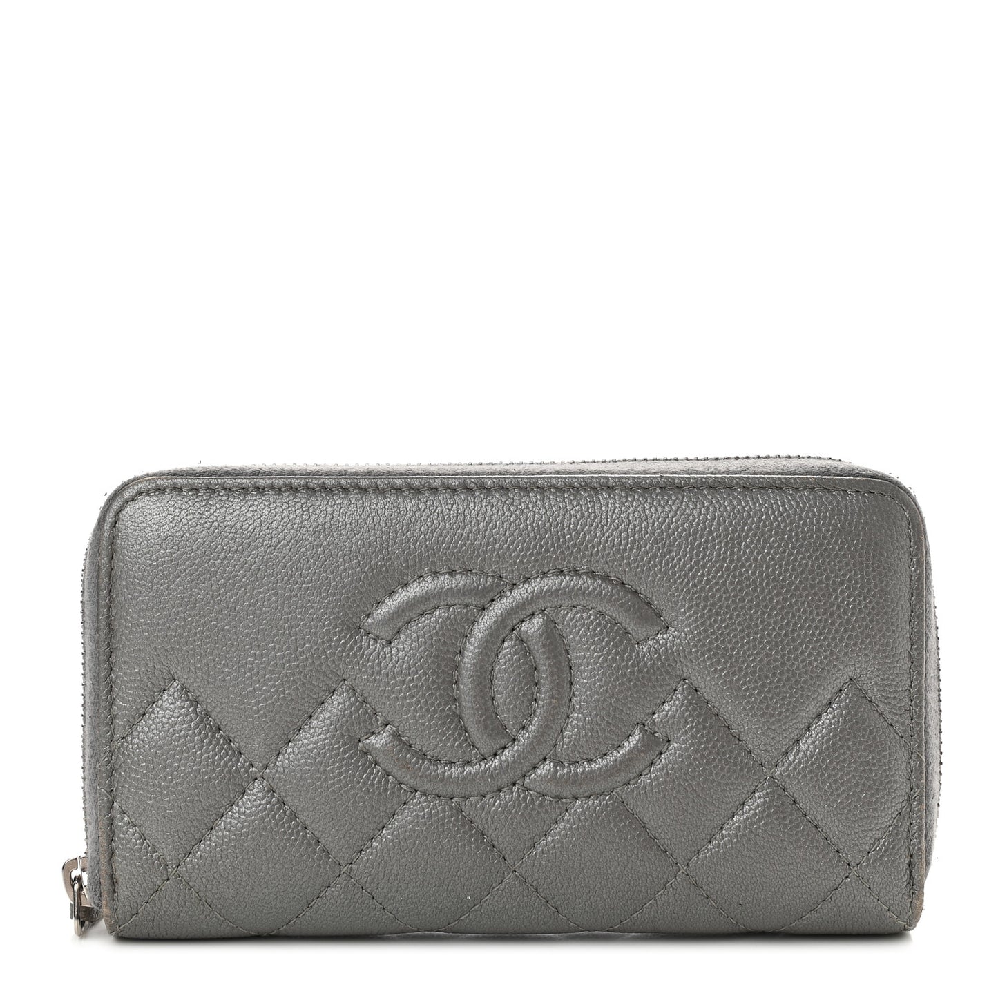 Metallic Caviar Quilted Medium Maxi CC Zip Around Wallet Grey
