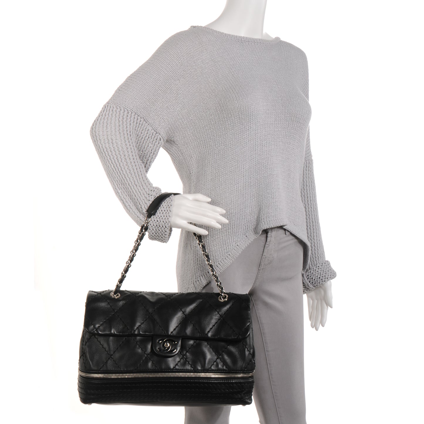 Calfskin Large Expandable Flap Bag Black