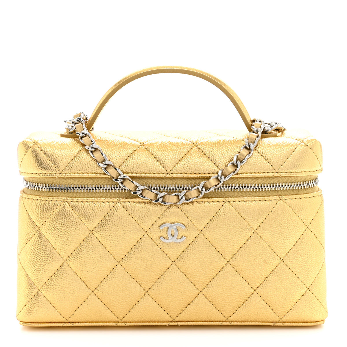 Metallic Caviar Quilted Top Handle Slim Vanity With Chain Gold