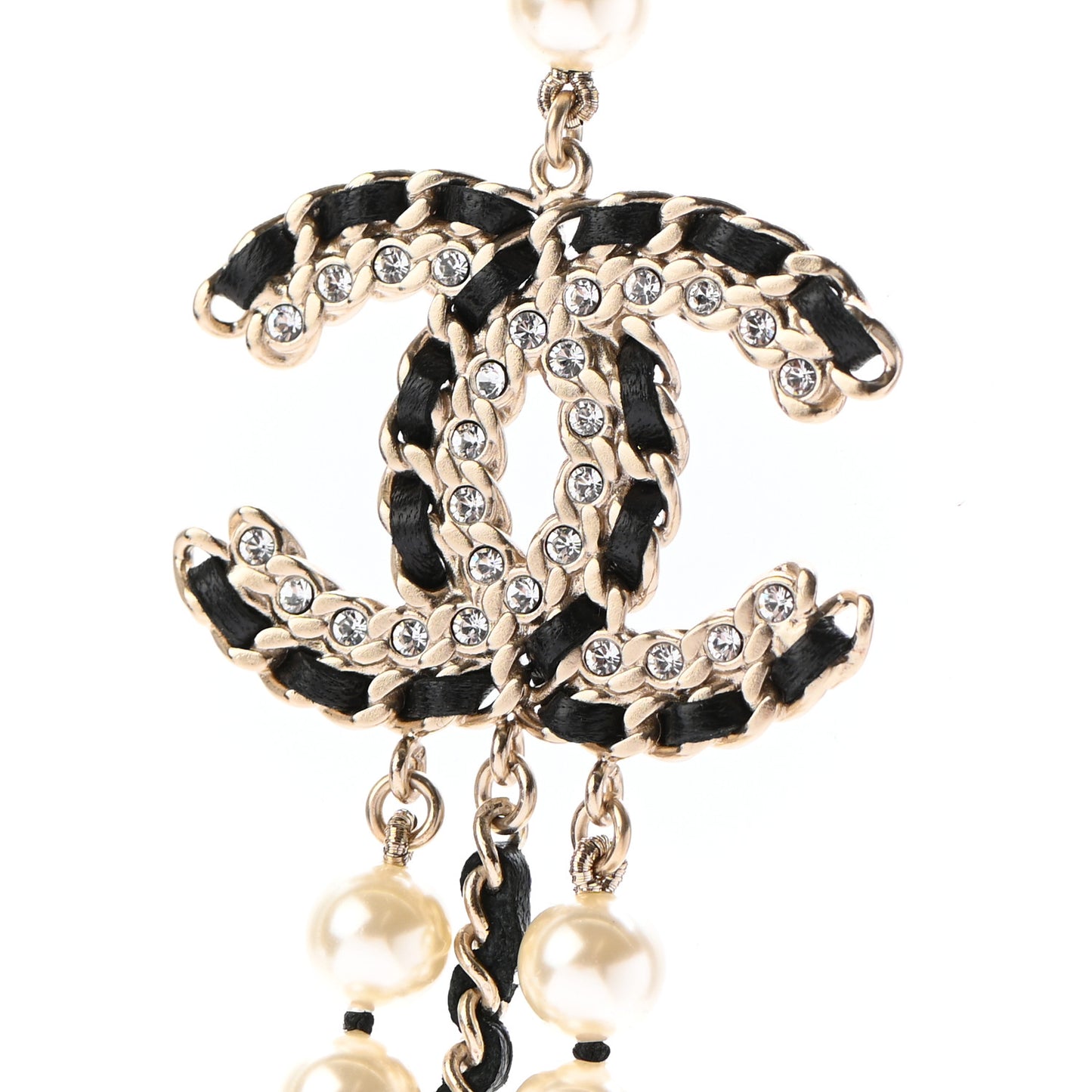 Lambskin Pearl Crystal CC Chain Necklace Black Gold