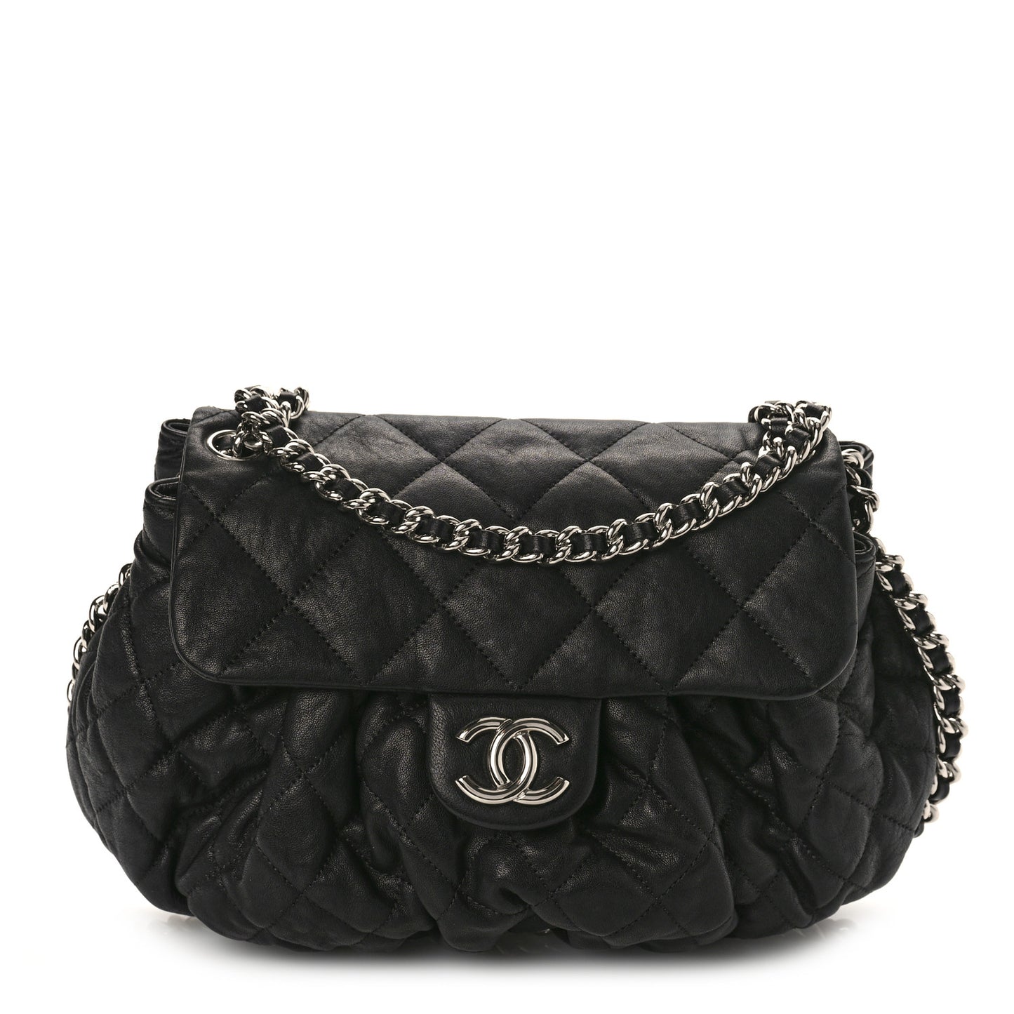 Washed Lambskin Quilted Medium Chain Around Messenger Black