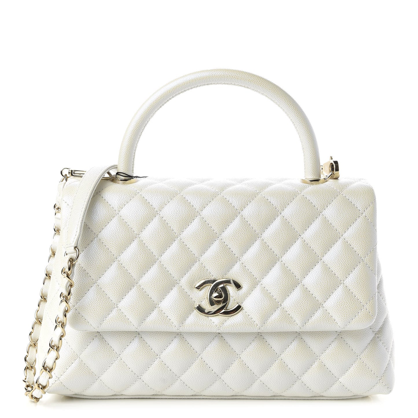Iridescent Caviar Quilted Small Coco Handle Flap White