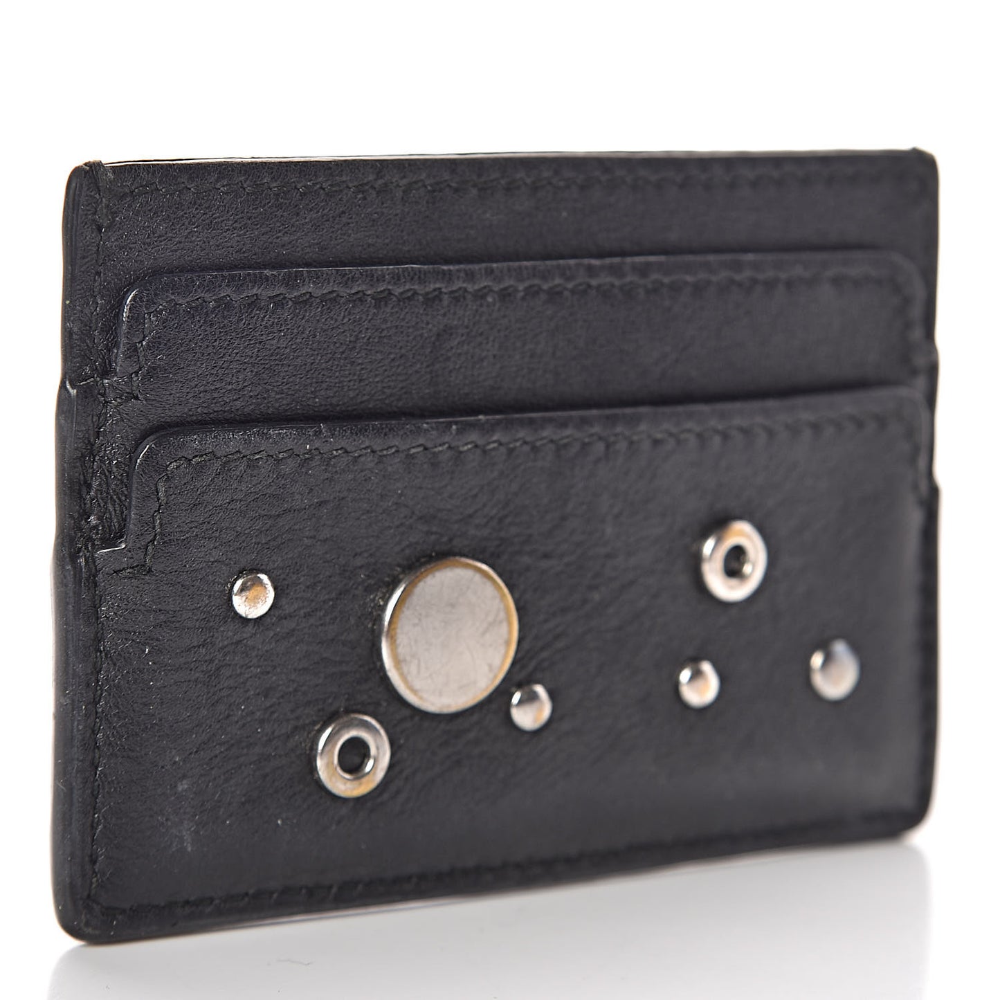 Calfskin Studded Skull Card Holder Black