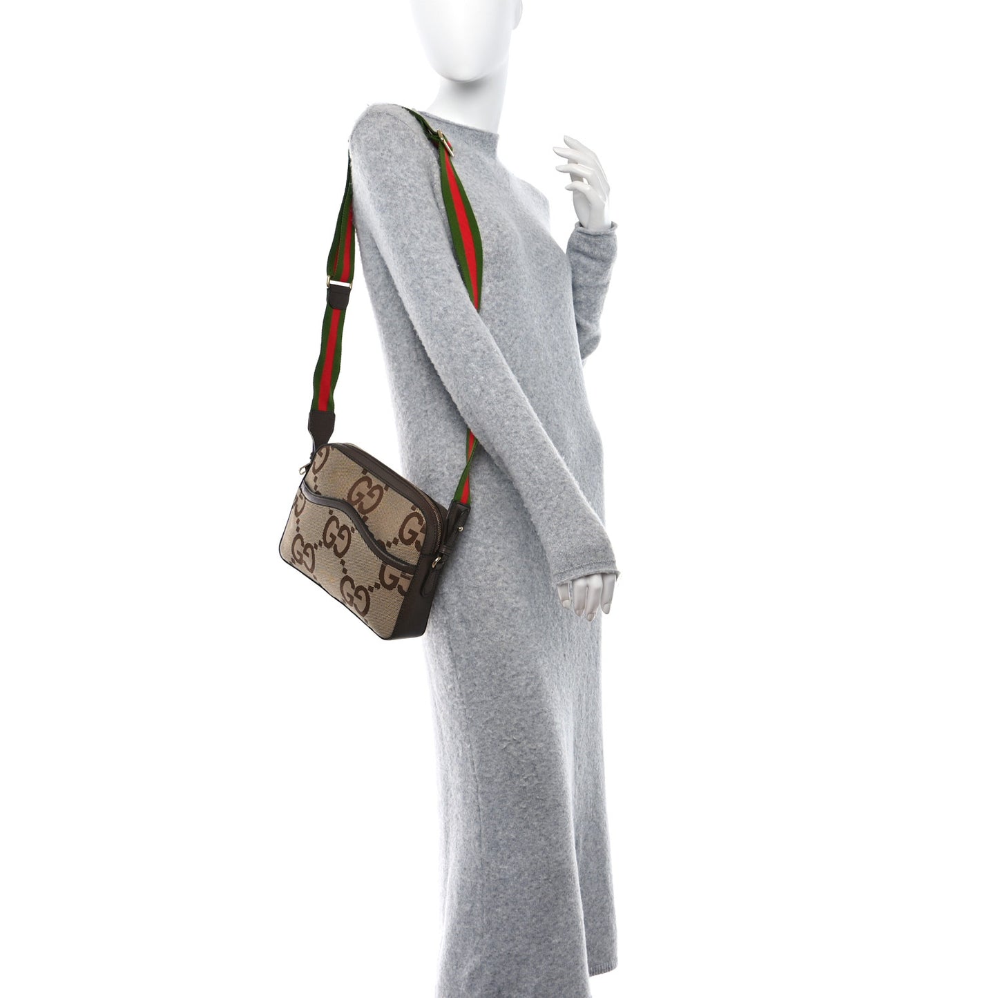 Monogram Jumbo GG Textured Dollar Calfskin Web Messenger Shoulder Bag Camel Ebony New Acero