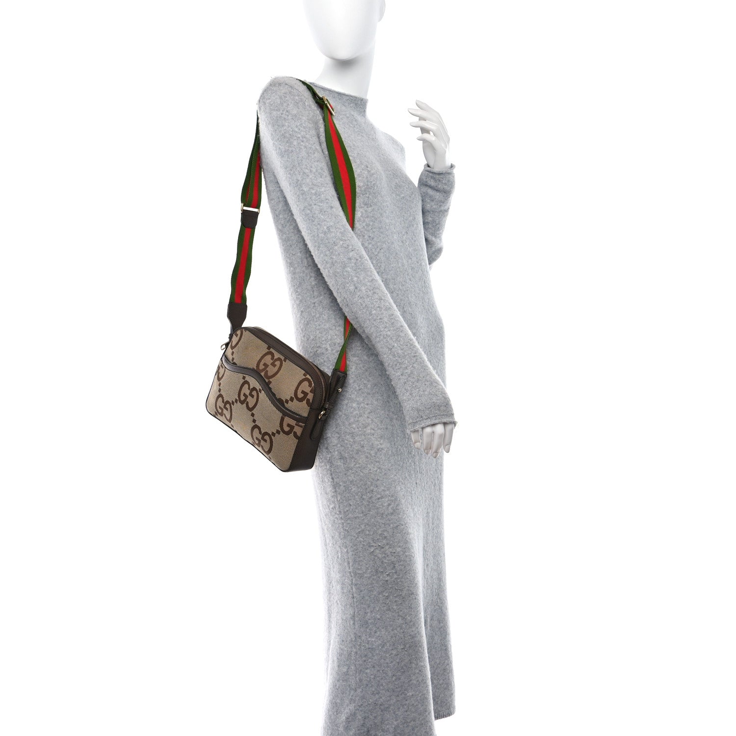 Gucci Monogram Jumbo GG Textured Dollar Calfskin Web Messenger Shoulder Bag Camel Ebony New Acero 2 of 10