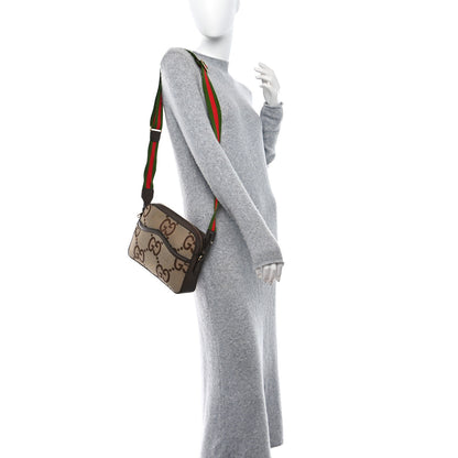 Gucci Monogram Jumbo GG Textured Dollar Calfskin Web Messenger Shoulder Bag Camel Ebony New Acero 2 of 10