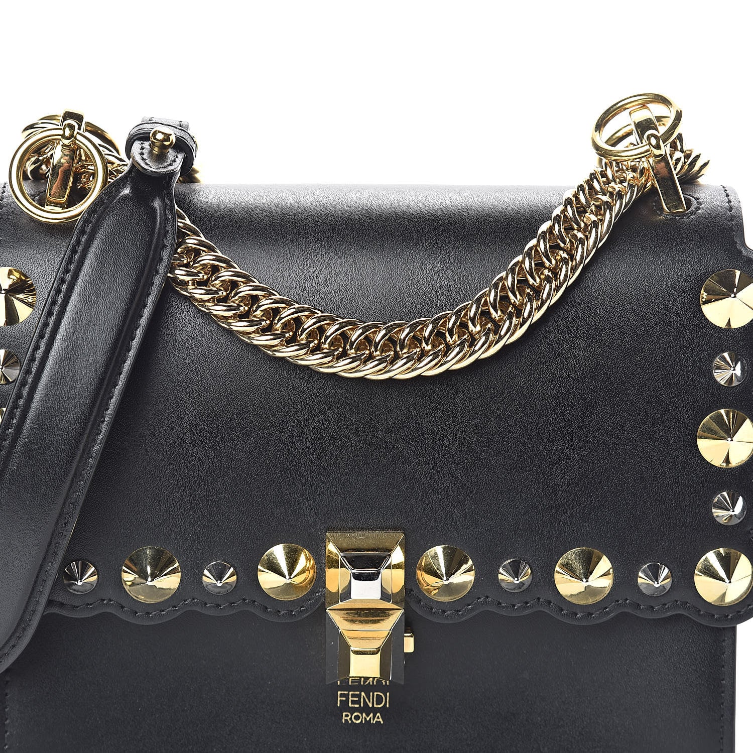 Fendi Vitello Liberty Metal Scalloped Multi Studded Small Kan I Shoulder Bag Black 7 of 9