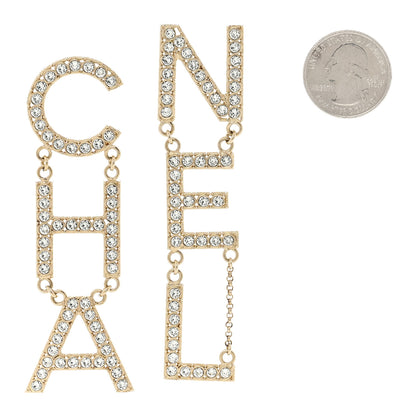 Chanel Crystal Cha-Nel Logo Drop Earrings Gold 2 of 5