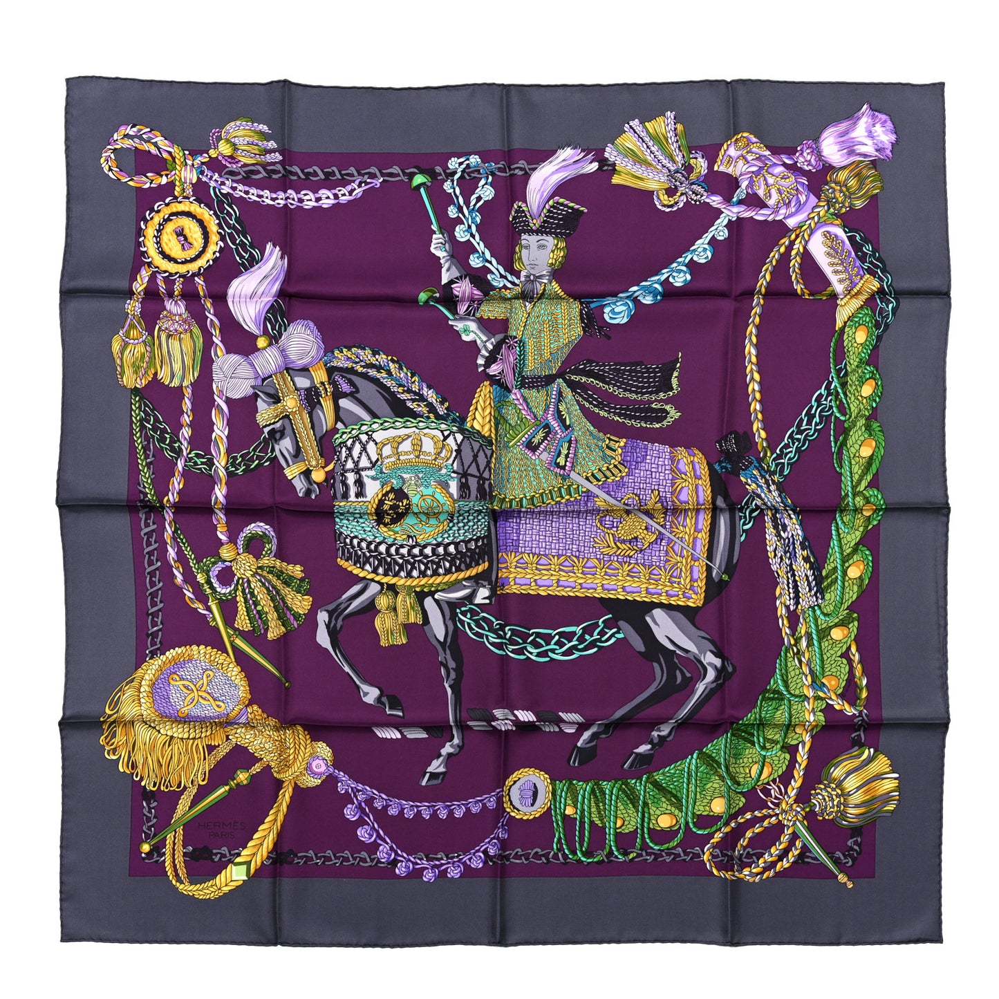 Silk Le Timbalier Scarf 90 Anthracite Violet Vert
