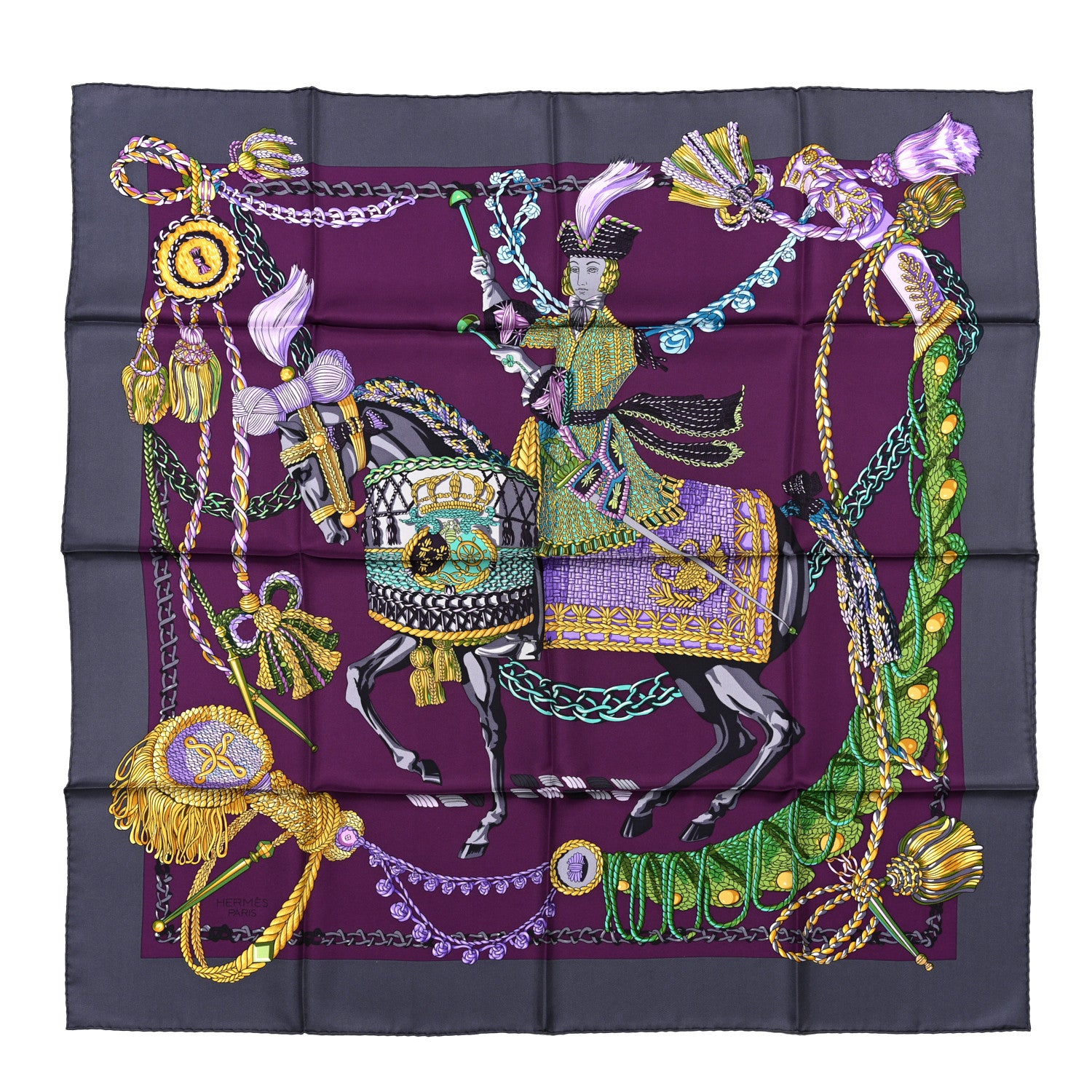Hermes Silk Le Timbalier Scarf 90 Anthracite Violet Vert 1 of 4