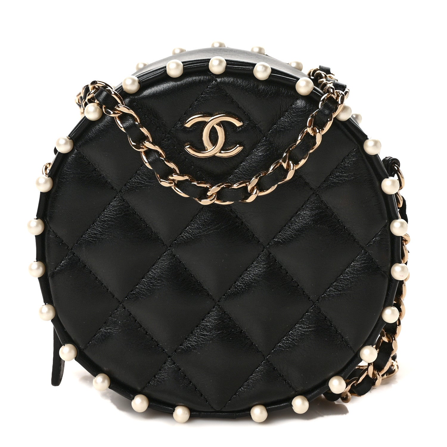Chanel Calfskin Quilted Pearl Round Clutch With Chain Black 1 of 10