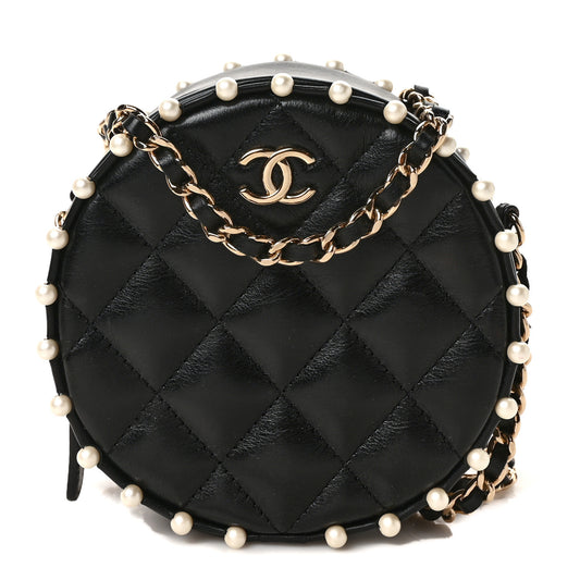 Calfskin Quilted Pearl Round Clutch With Chain Black