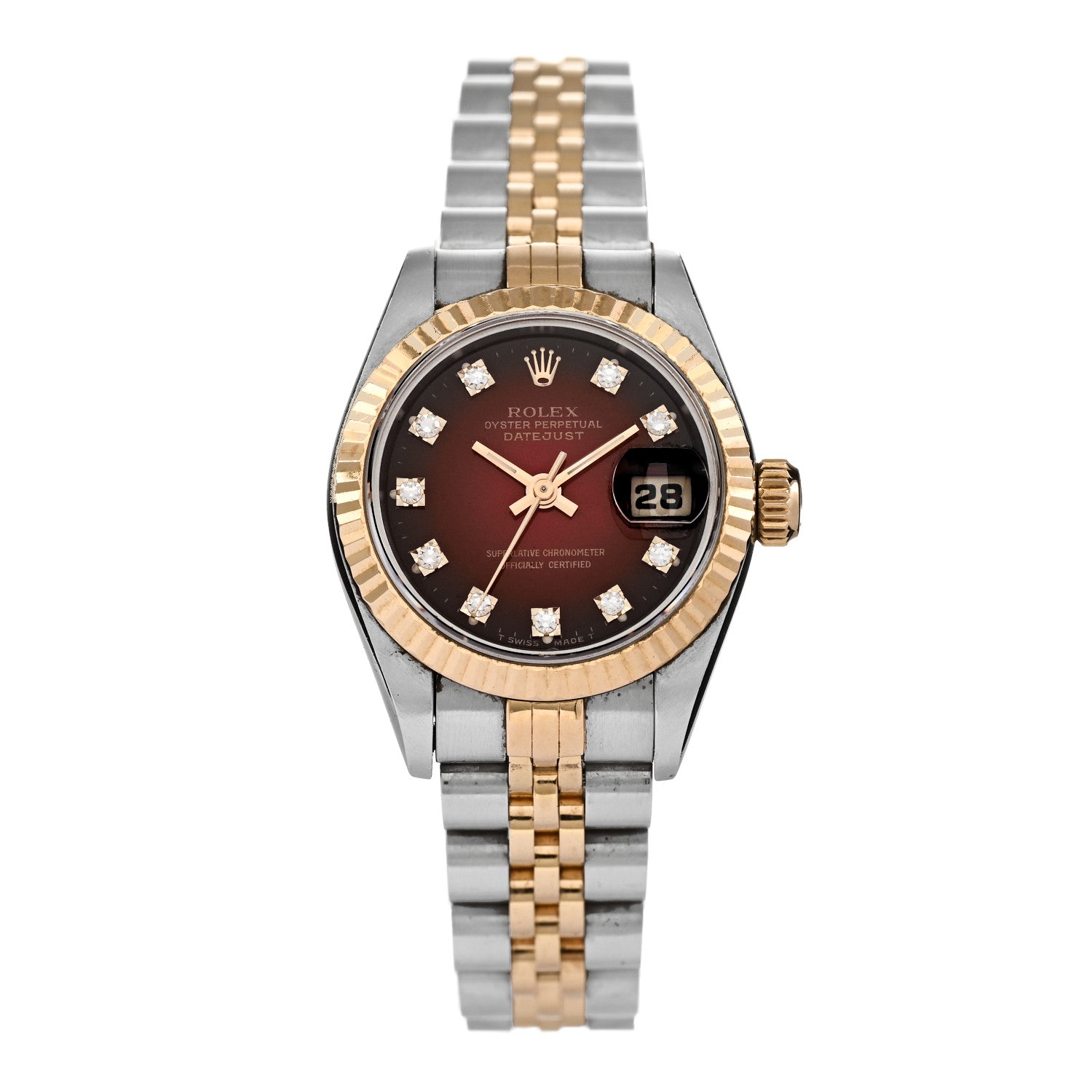 Rolex Stainless Steel 18K Yellow Gold Diamond 26mm Oyster Perpetual Datejust Watch Red Gradient 69173 1 of 4