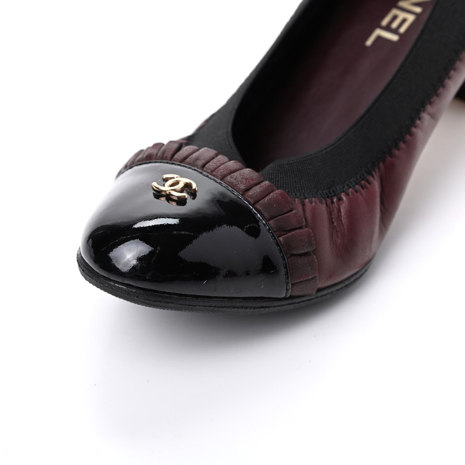 Chanel Lambskin Patent CC Elastic Cap Toe Ballerina Pumps 37.5 Burgundy Black 13 of 16