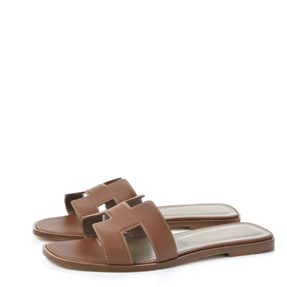Hermes Box Calfskin Oran Sandals 39.5 Gold 3 of 10