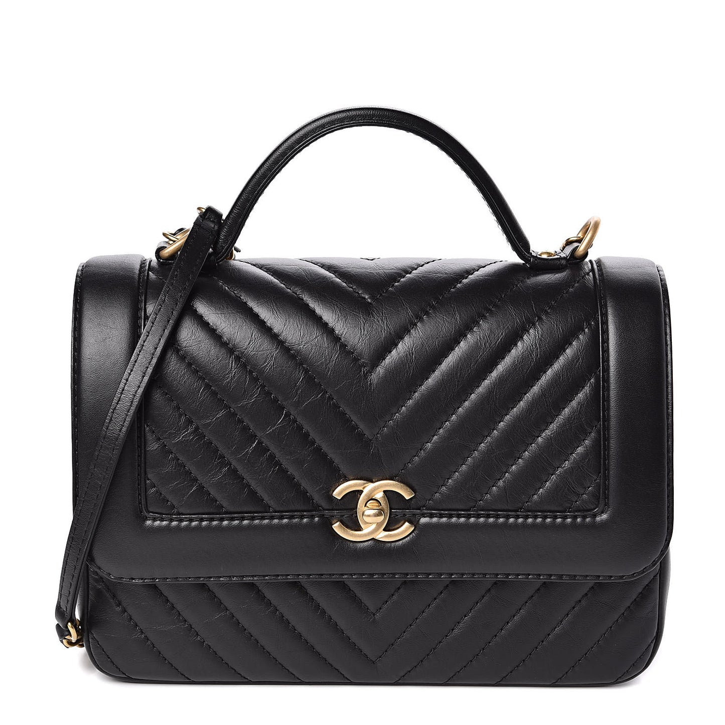 Calfskin Chevron Quilted Top Handle Flap Black