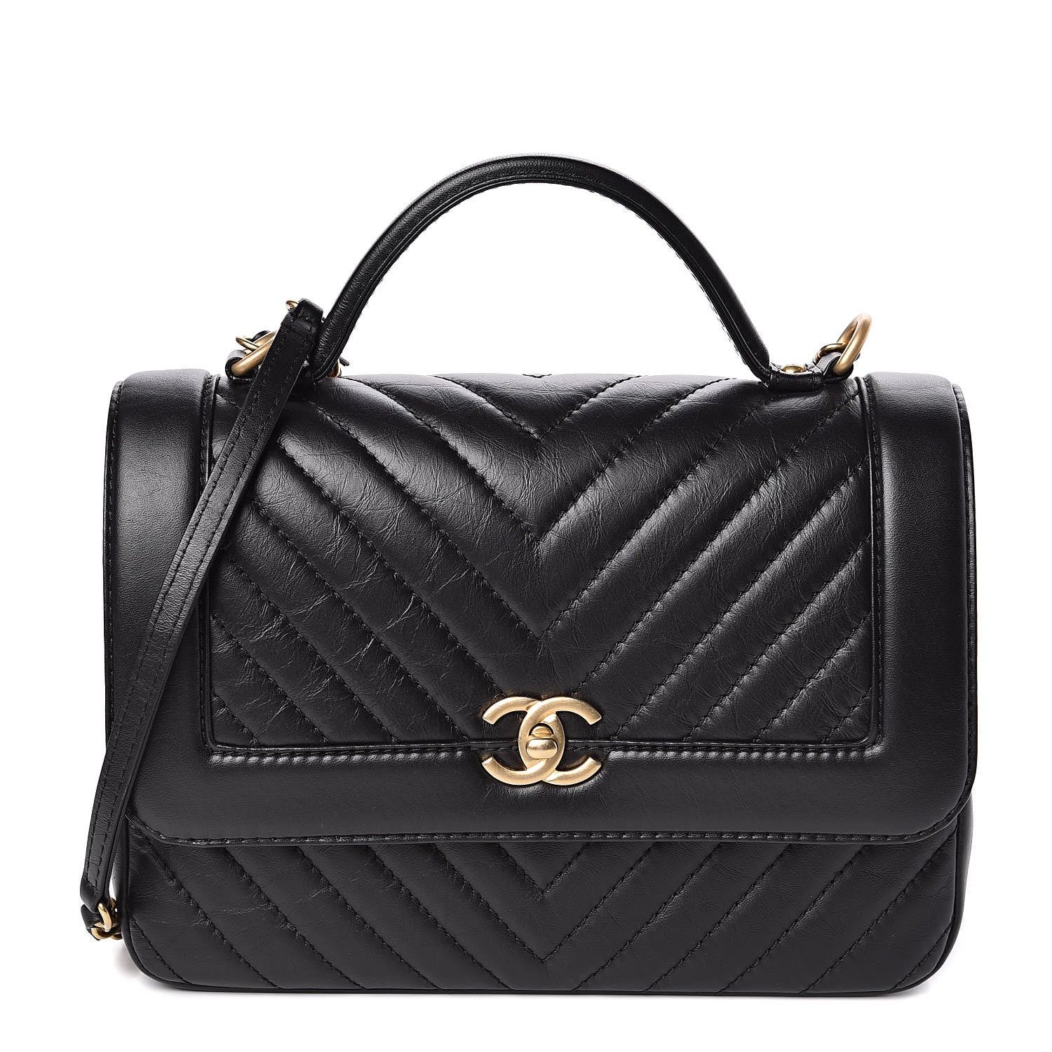 Chanel Calfskin Chevron Quilted Top Handle Flap Black 1 of 11