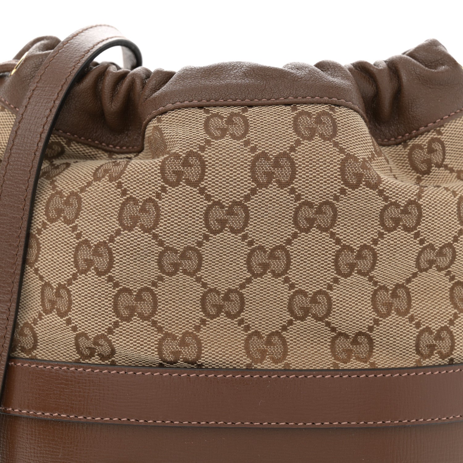 Gucci Monogram Textured Calfskin Horsebit 1955 Drawstring Bucket Bag Beige Brown Sugar 8 of 11