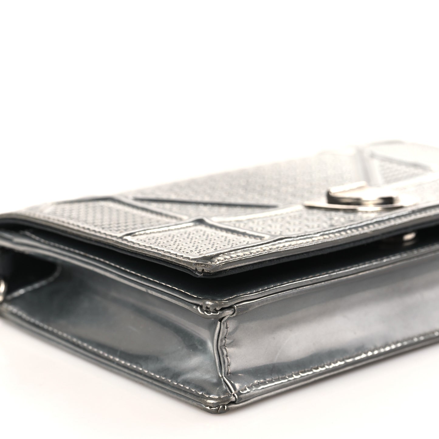 Metallic Patent Micro-Cannage Diorama Wallet on Chain Pouch Silver
