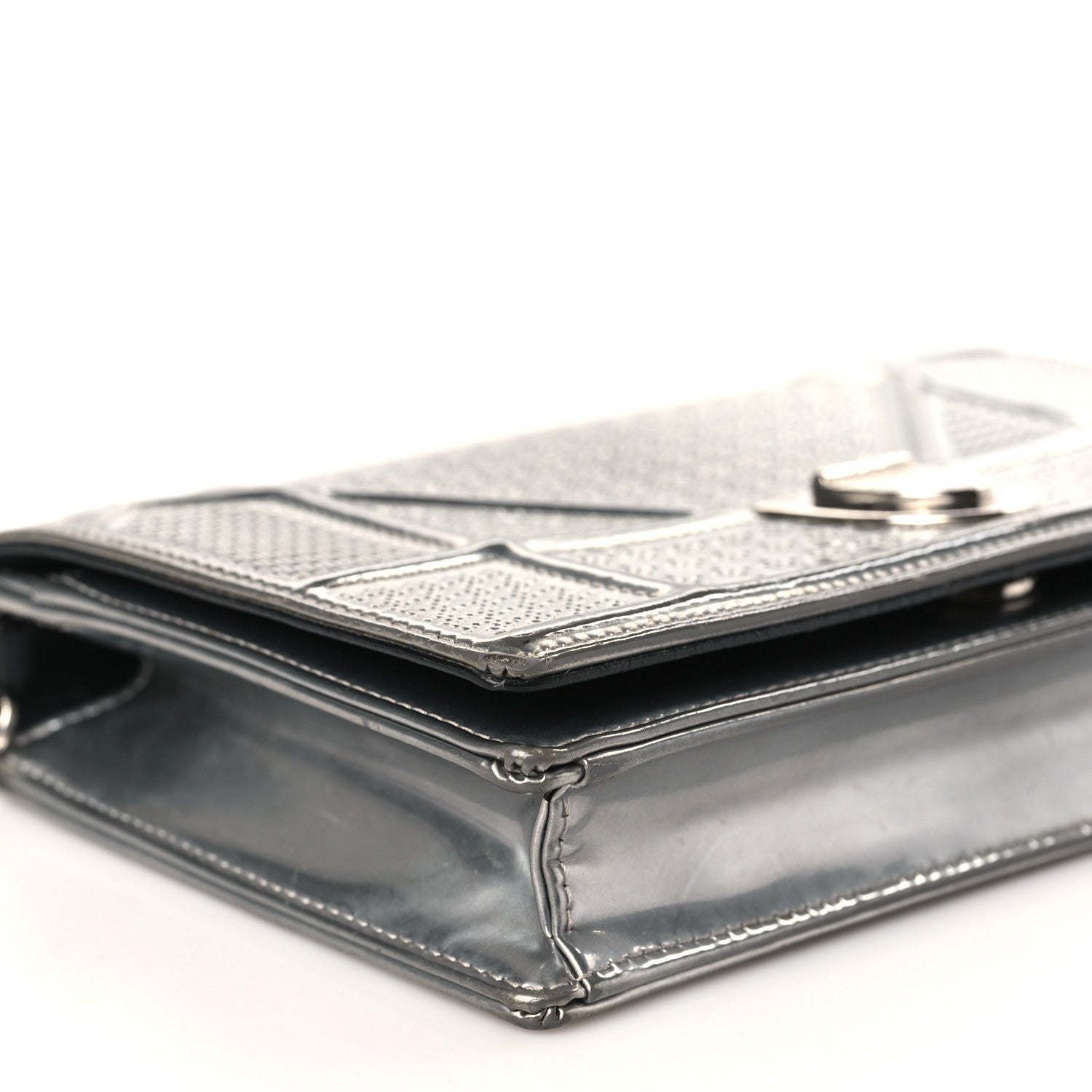 Christian Dior Metallic Patent Micro-Cannage Diorama Wallet on Chain Pouch Silver 7 of 11
