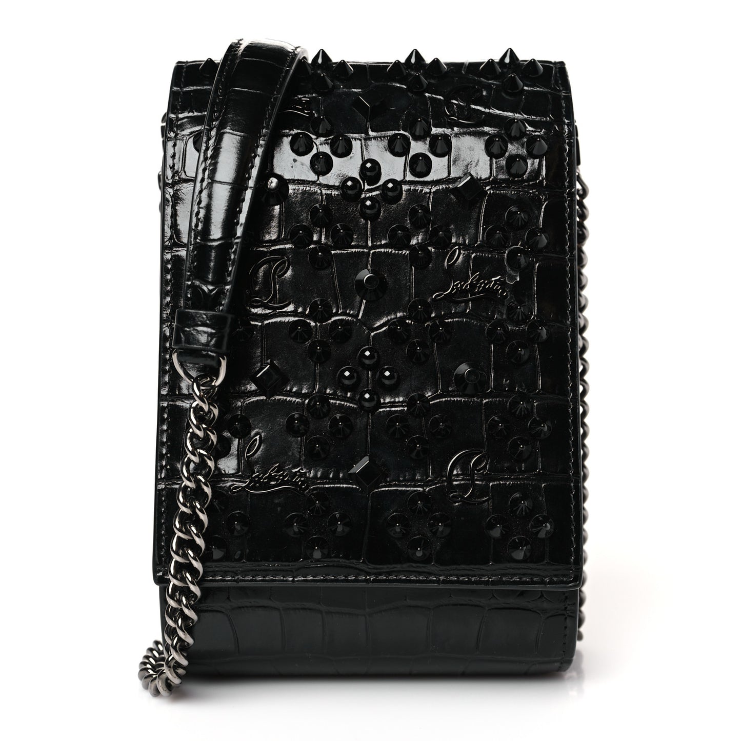 Crocodile Embossed Calfskin Spikes Loubinthesky Paloma Crossbody Phone Case Black