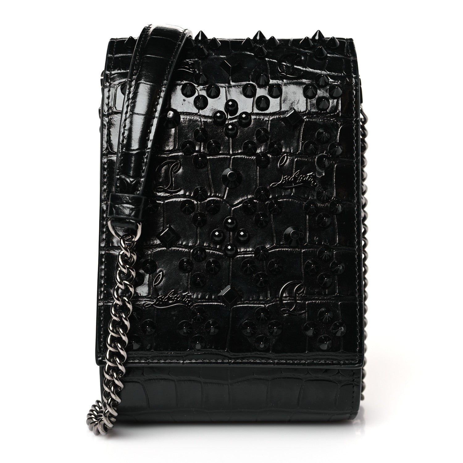 Christian Louboutin Crocodile Embossed Calfskin Spikes Loubinthesky Paloma Crossbody Phone Case Black 1 of 9