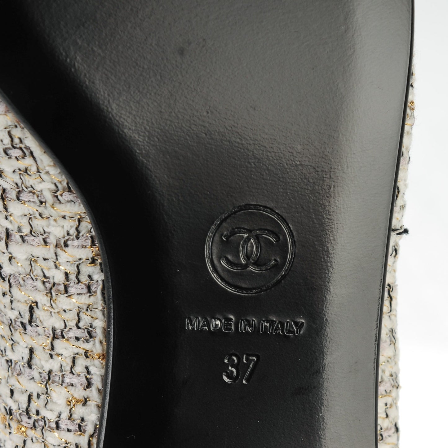 Tweed Patent Cap Toe CC Charm Loafers 37 Ecru Black Gold