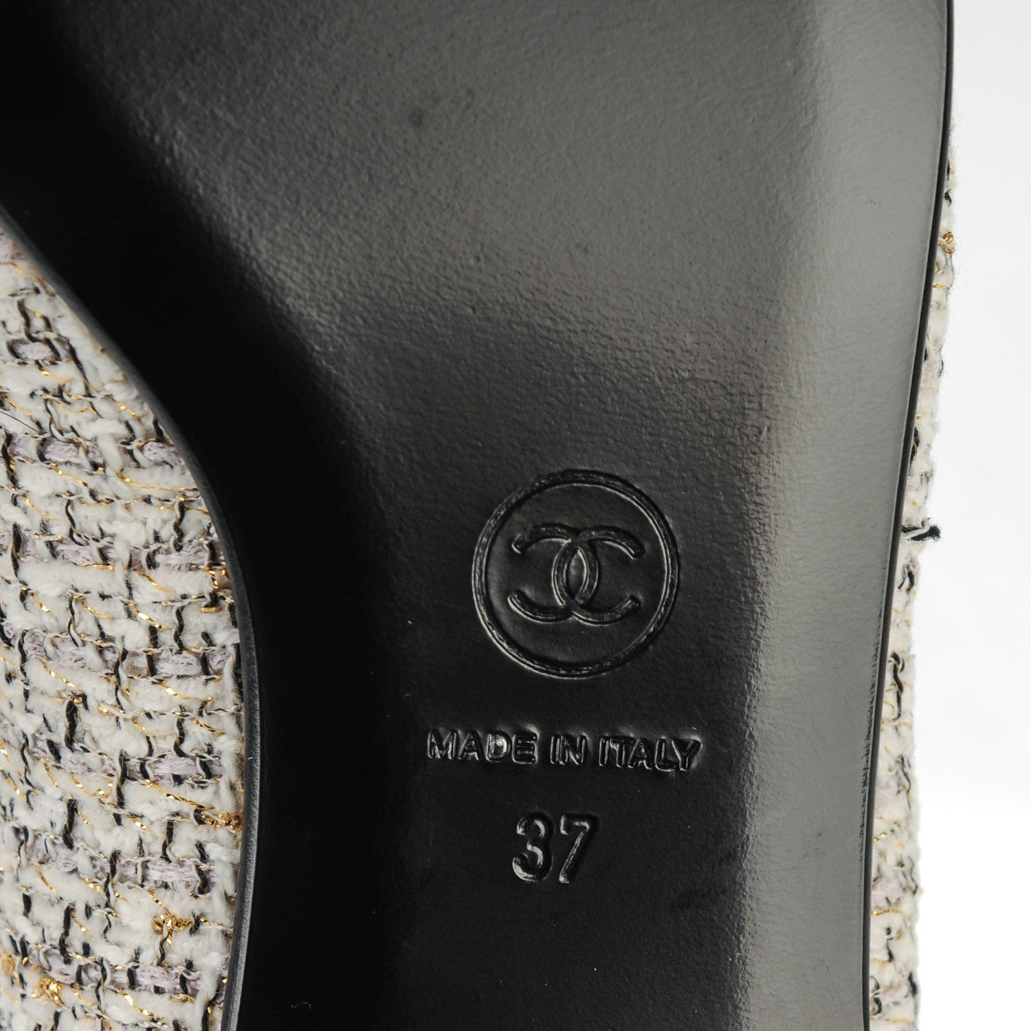 Chanel Tweed Patent Cap Toe CC Charm Loafers 37 Ecru Black Gold 6 of 9