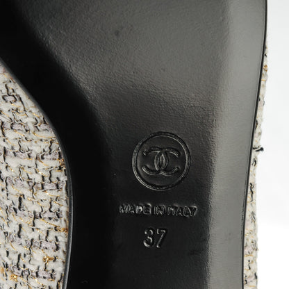 Chanel Tweed Patent Cap Toe CC Charm Loafers 37 Ecru Black Gold 6 of 9
