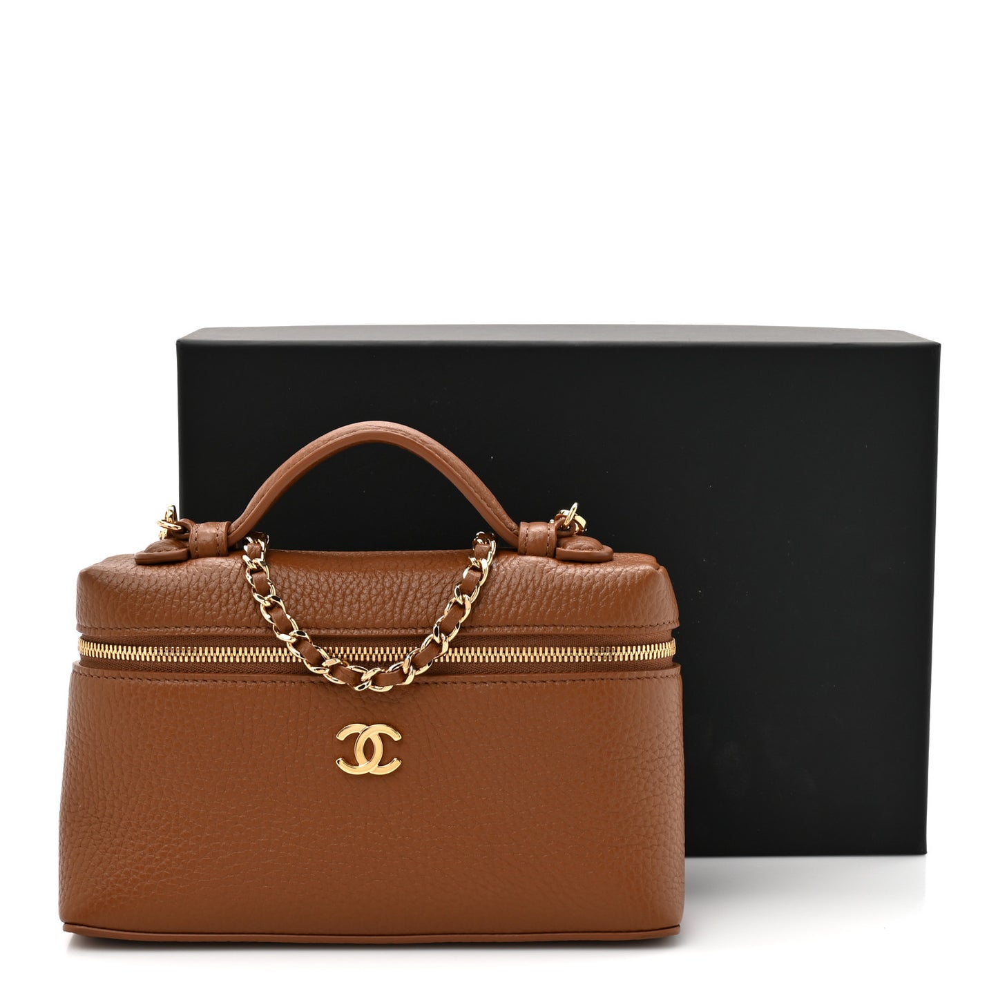 Grained Calfskin Top Handle Slim Vanity Case With Chain Camel