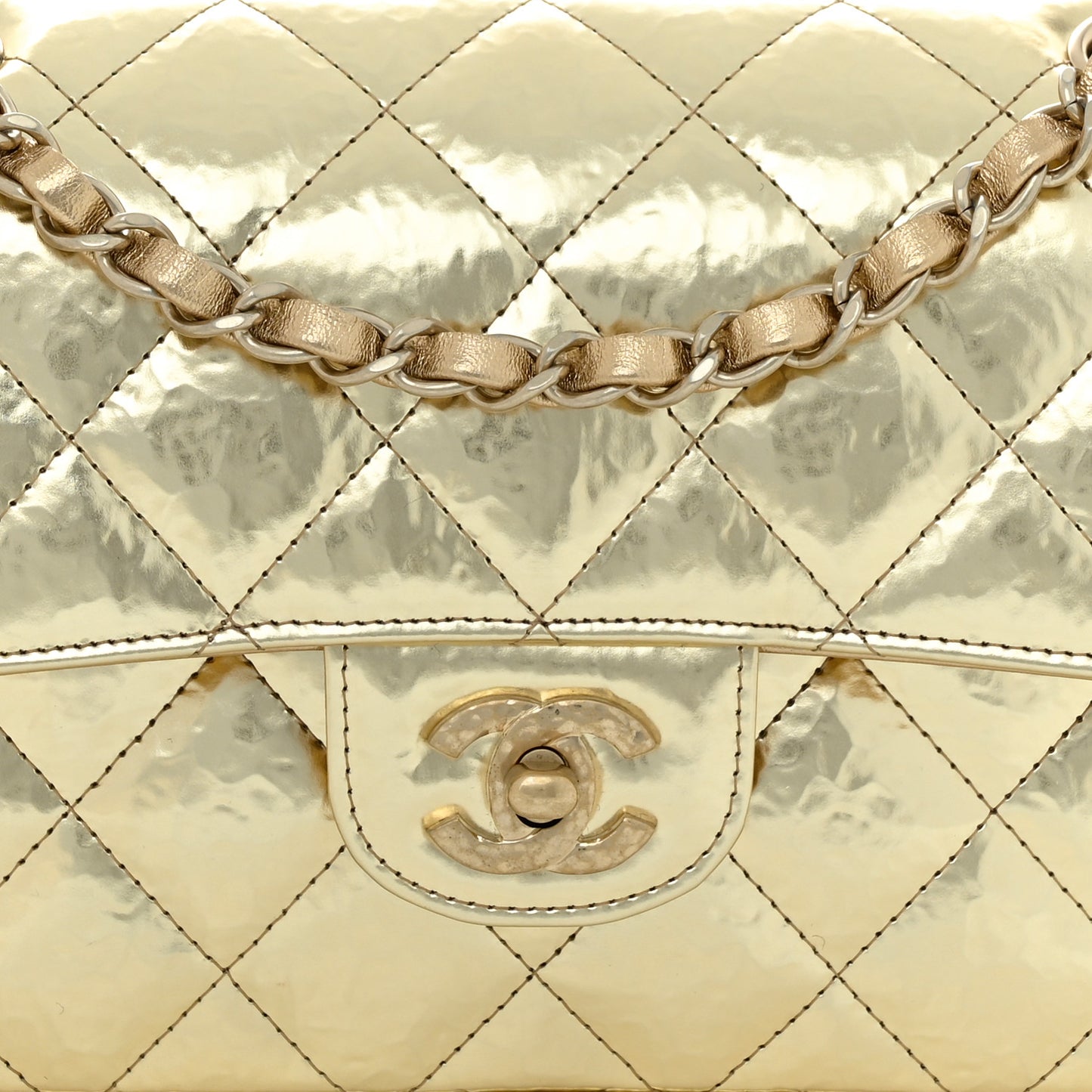 Hammered Metallic Calfskin Quilted Small Double Flap Gold