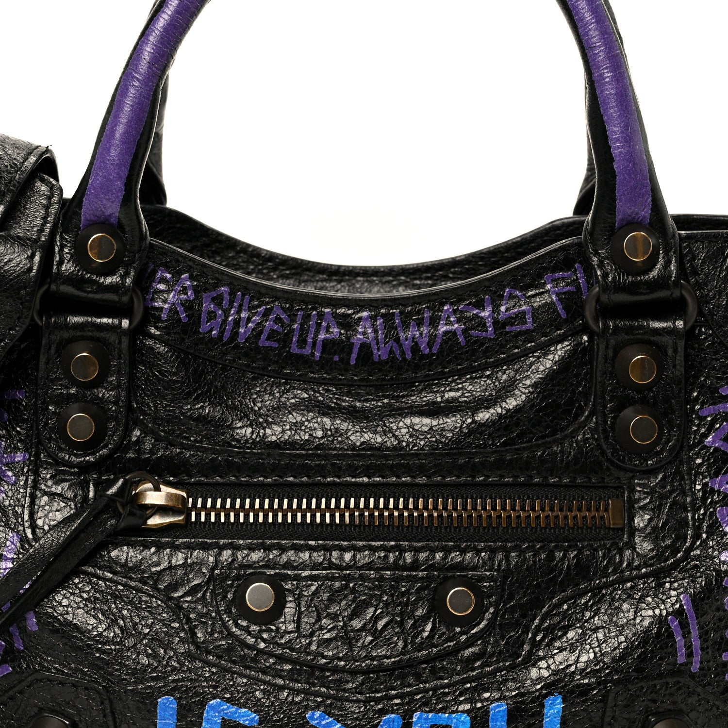 Balenciaga Agneau Arena Graffiti All Over Classic Hardware Mini City Black Bleu Violet 8 of 11