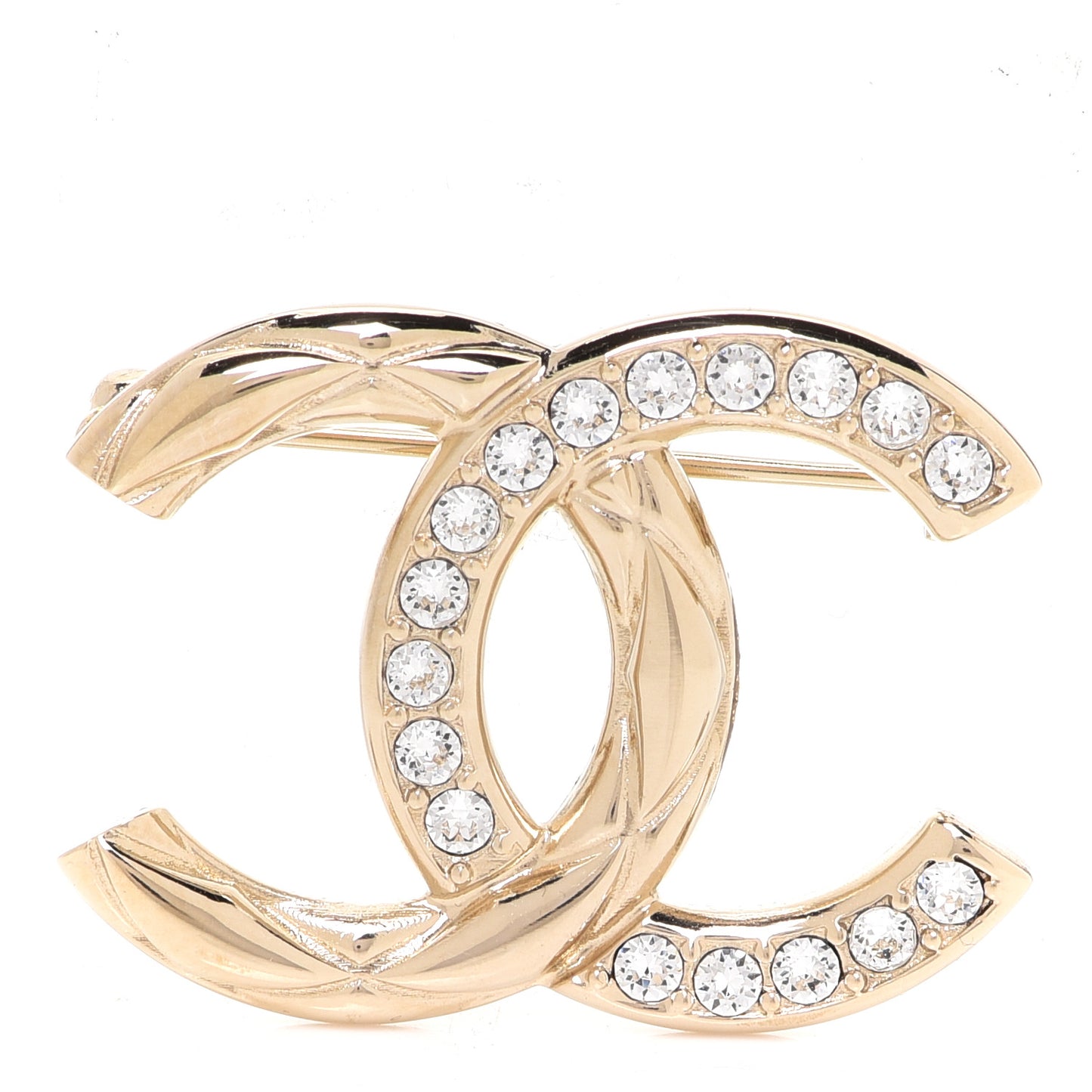 Metal Quilted Crystal CC Brooch Light Gold