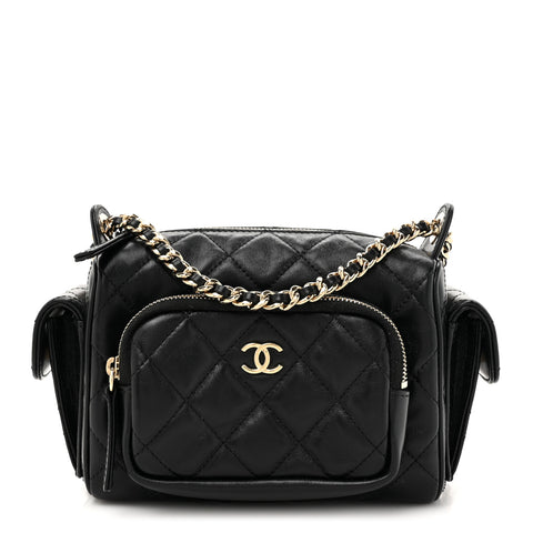 Shiny Crumpled Lambskin Quilted Small Preppy Pocket Camera Case Black