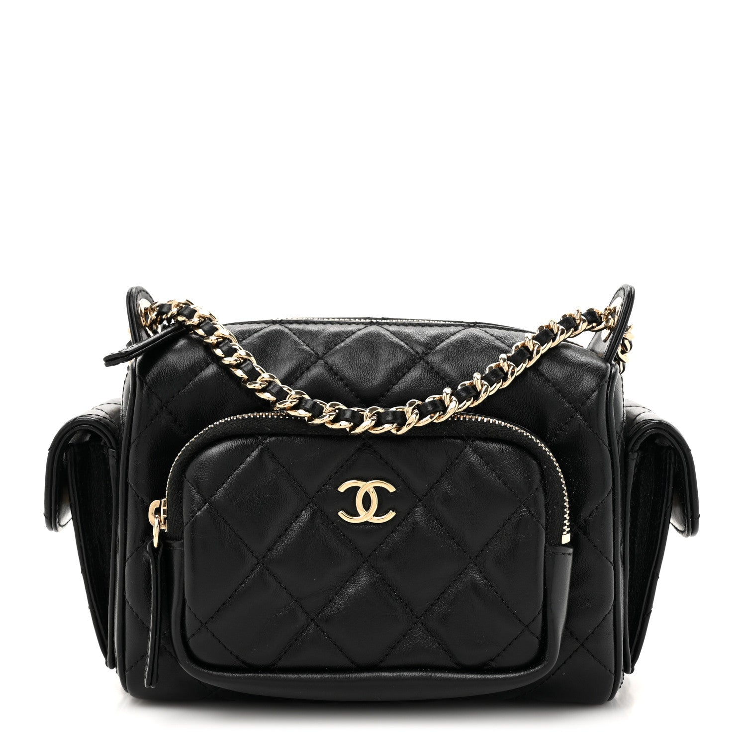 Chanel Shiny Crumpled Lambskin Quilted Small Preppy Pocket Camera Case Black 1 of 10