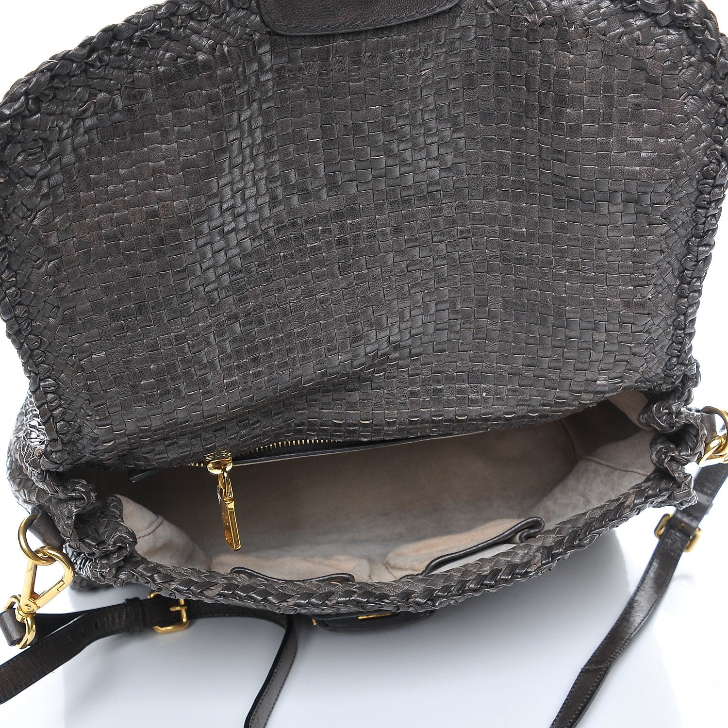 Prada Goatskin Woven Top Handle Satchel Antracite 6 of 10